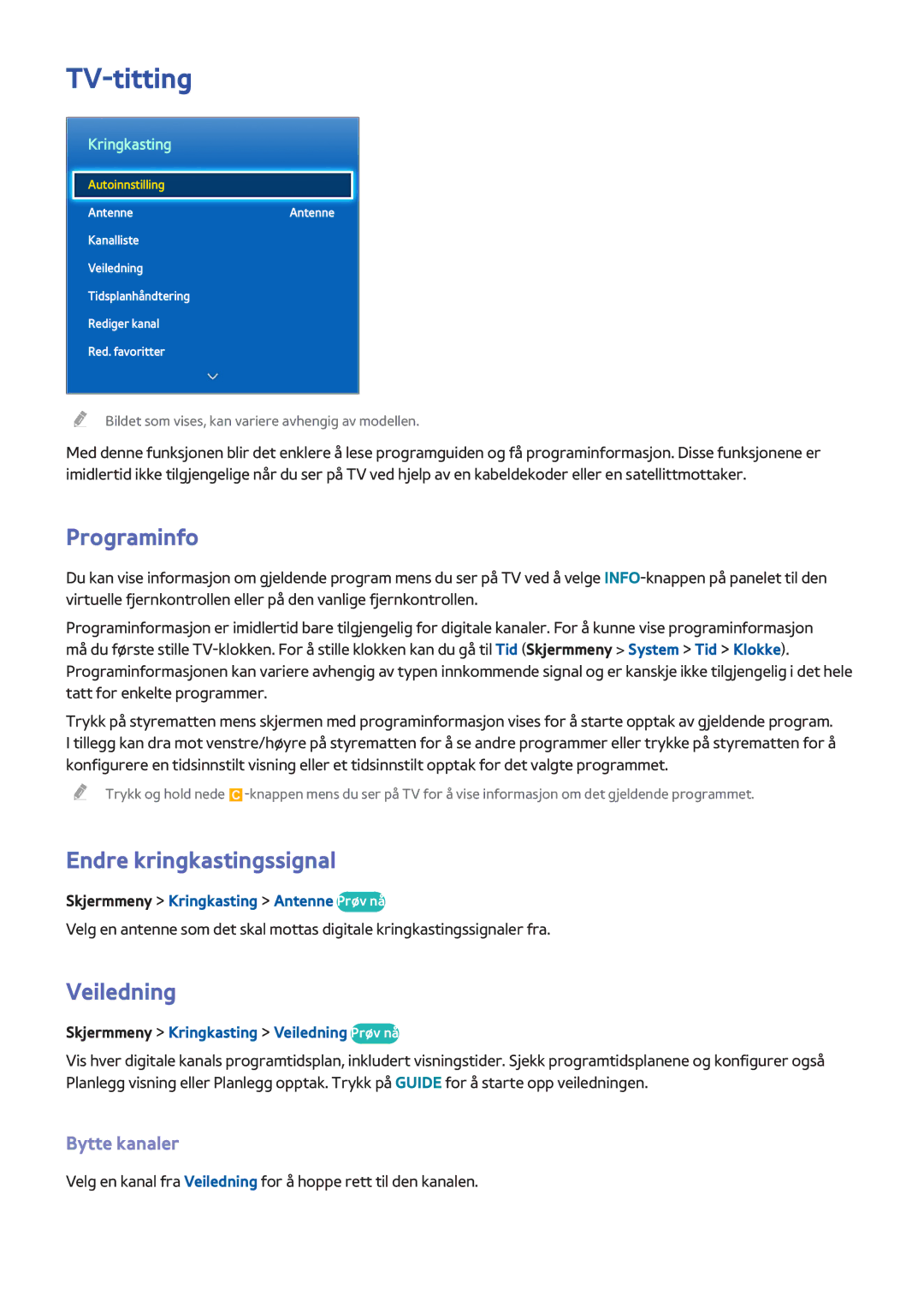 Samsung UE55F6505SBXXE, UE55F6345SBXXE manual TV-titting, Programinfo, Endre kringkastingssignal, Veiledning, Bytte kanaler 