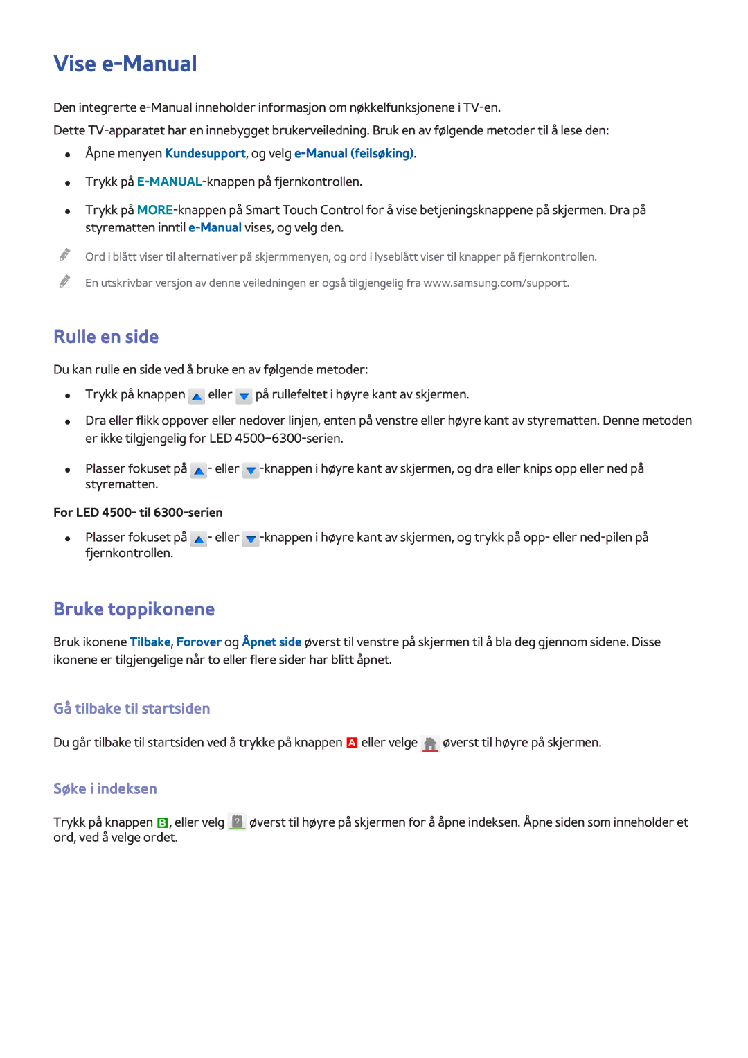 Samsung UE50F6675SBXXE manual Vise e-Manual, Rulle en side, Bruke toppikonene, Gå tilbake til startsiden, Søke i indeksen 