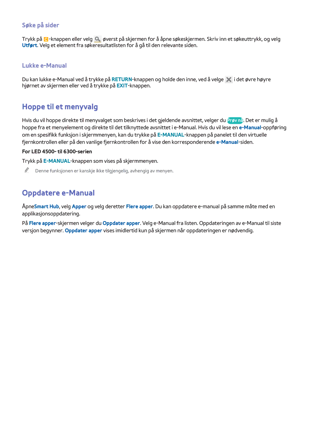 Samsung UE55F6675SBXXE, UE55F6345SBXXE manual Hoppe til et menyvalg, Oppdatere e-Manual, Søke på sider, Lukke e-Manual 