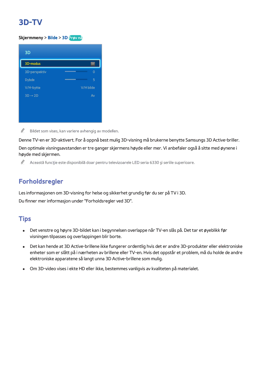 Samsung UE46F6475SBXXE, UE55F6345SBXXE, UE40F6755SBXXE, UE32F6475SBXXE, UE42F5305AKXXE manual Tips, Skjermmeny Bilde 3D Prøv nå 