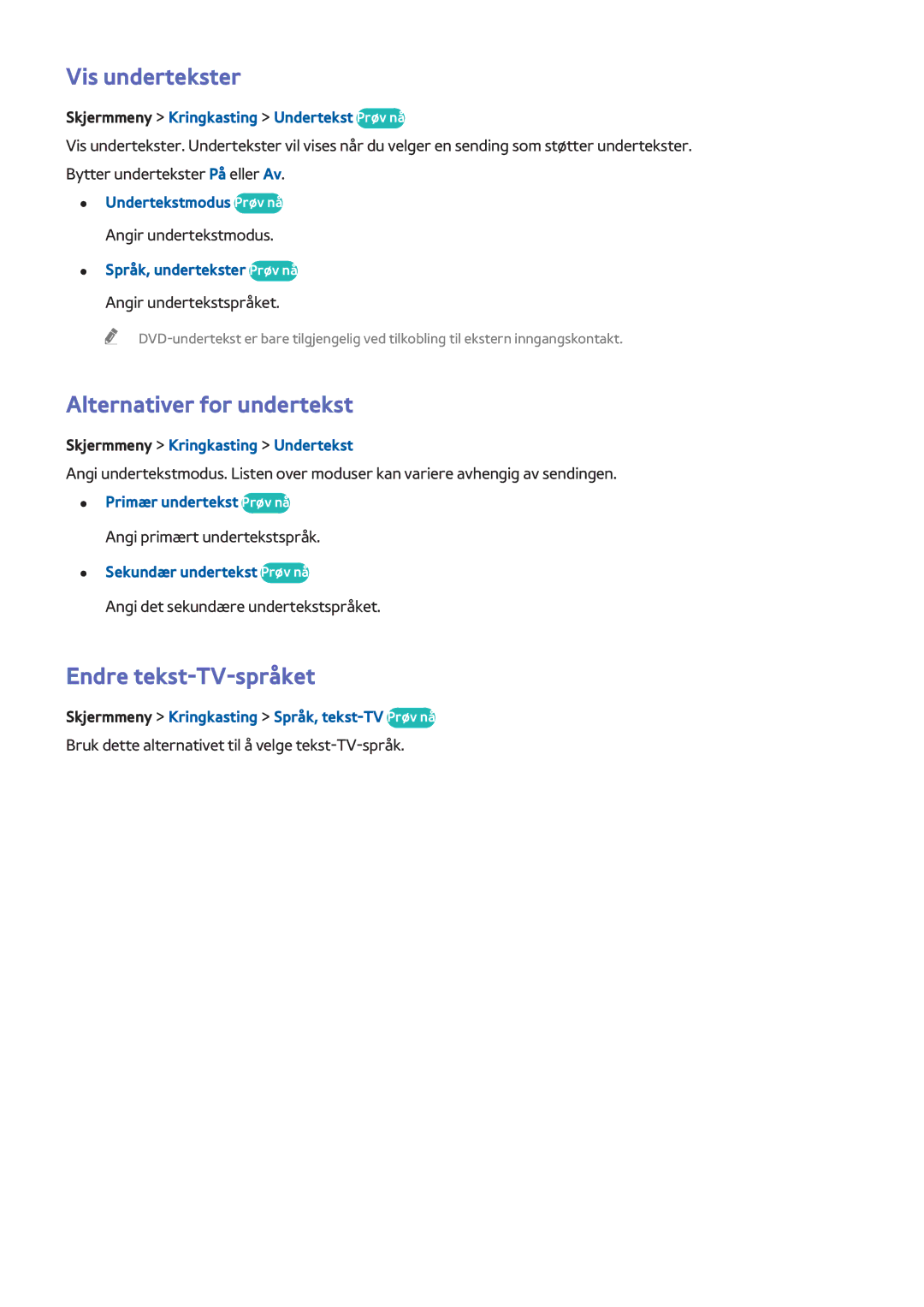 Samsung UE55F6515SBXXE, UE55F6345SBXXE manual Vis undertekster, Alternativer for undertekst, Endre tekst-TV-språket 