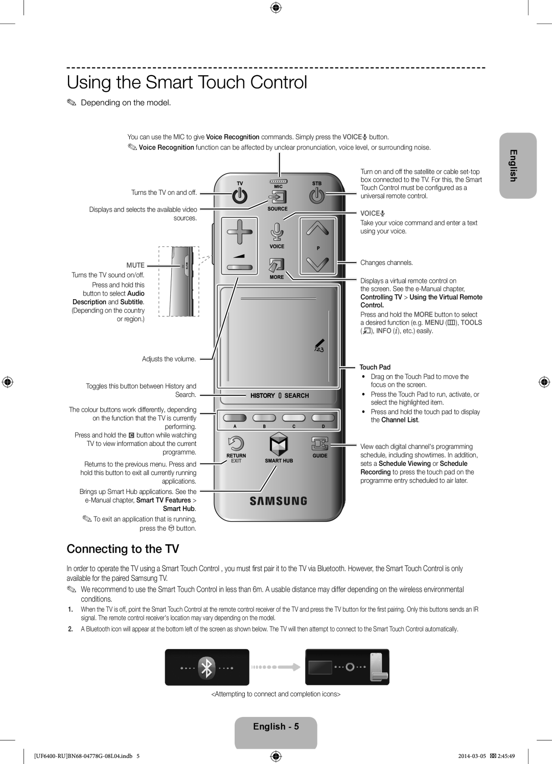 Samsung UE32F6400AKXRU, UE55F6400AKXRU manual Using the Smart Touch Control, Connecting to the TV, Depending on the model 