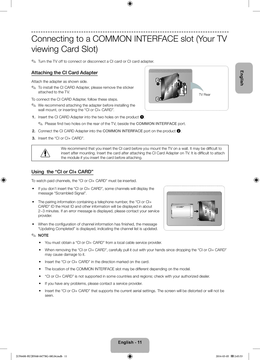 Samsung UE46F6400AKXRU, UE55F6400AKXRU, UE40F6400AKXRU manual Attaching the CI Card Adapter, Using the CI or CI+ Card 