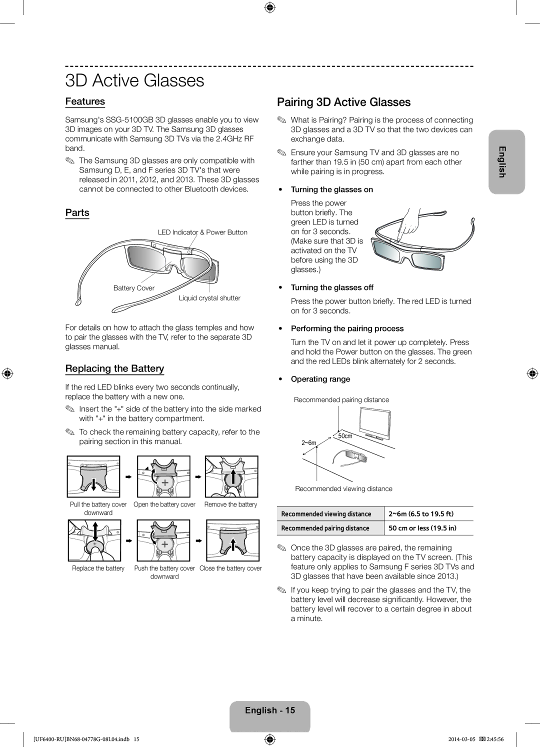 Samsung UE50F6400AKXRU, UE55F6400AKXRU manual Pairing 3D Active Glasses, Features, Parts, Replacing the Battery 