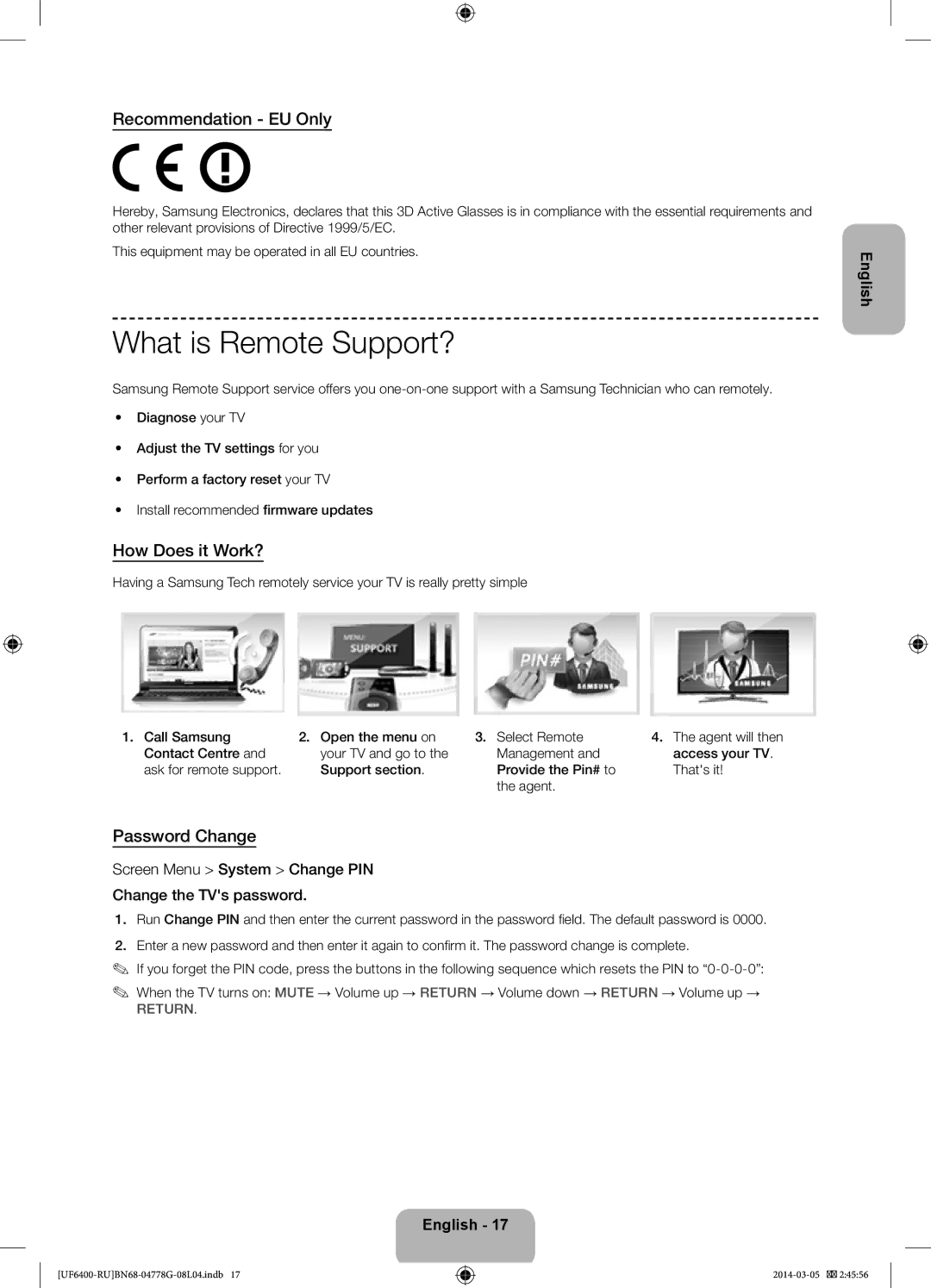 Samsung UE40F6400AKXRU, UE55F6400AKXRU What is Remote Support?, Recommendation EU Only, How Does it Work?, Password Change 