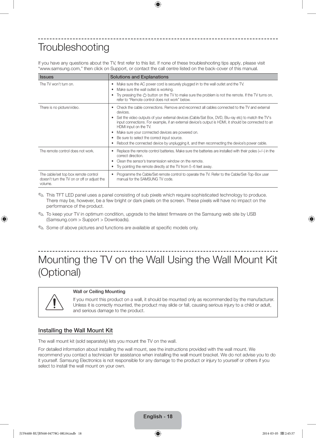 Samsung UE46F6400AKXRU, UE55F6400AKXRU Troubleshooting, Installing the Wall Mount Kit, Issues Solutions and Explanations 