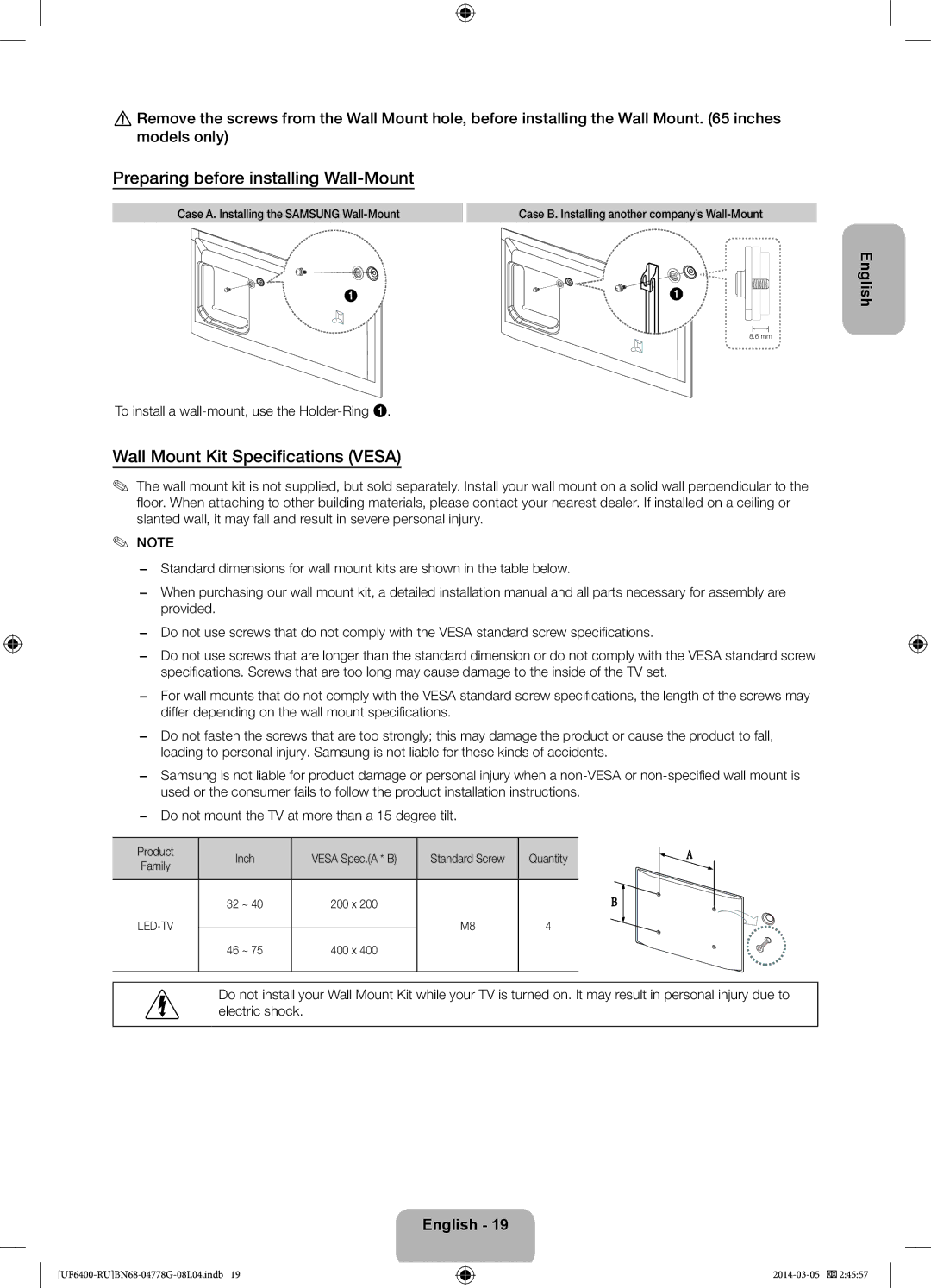 Samsung UE32F6400AKXRU, UE55F6400AKXRU manual Preparing before installing Wall-Mount, Wall Mount Kit Specifications Vesa 