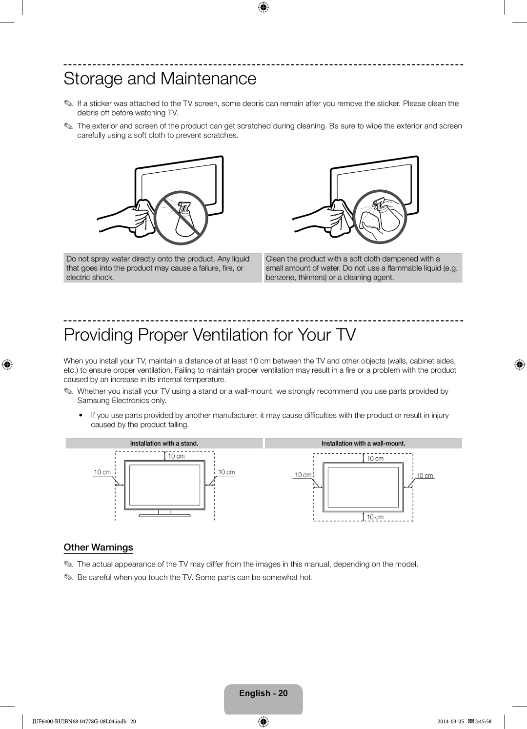 Samsung UE65F6400AKXRU, UE55F6400AKXRU Storage and Maintenance, Providing Proper Ventilation for Your TV, Other Warnings 