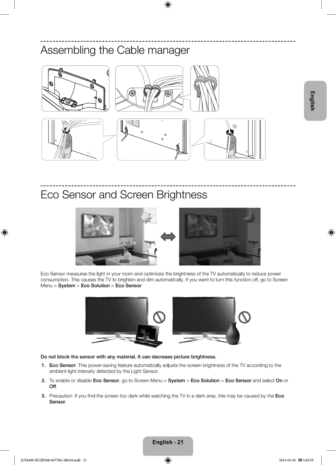 Samsung UE75F6400AKXRU, UE55F6400AKXRU, UE40F6400AKXRU manual Assembling the Cable manager, Eco Sensor and Screen Brightness 