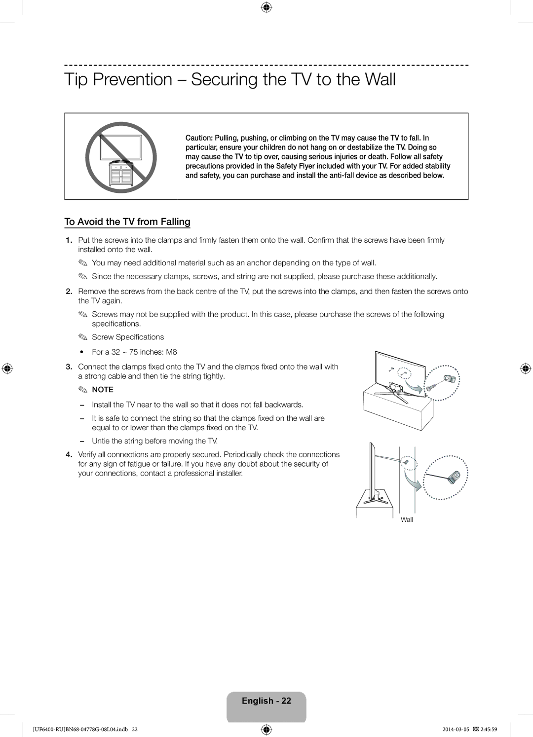 Samsung UE50F6400AKXRU, UE55F6400AKXRU manual Tip Prevention Securing the TV to the Wall, To Avoid the TV from Falling 