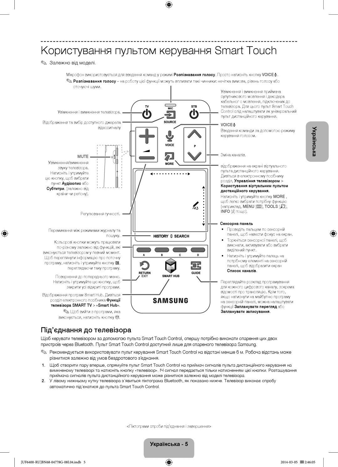 Samsung UE40F6400AKXRU manual Користування пультом керування Smart Touch, Під’єднання до телевізора, Залежно від моделі 