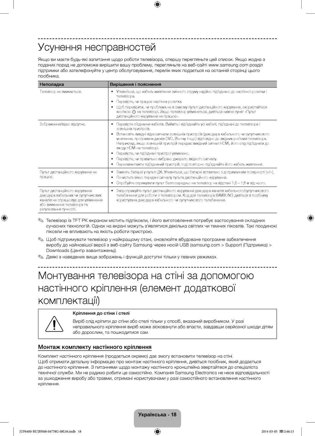 Samsung UE55F6400AKXRU Усунення несправностей, Монтаж комплекту настінного кріплення, Неполадка Вирішення і пояснення 