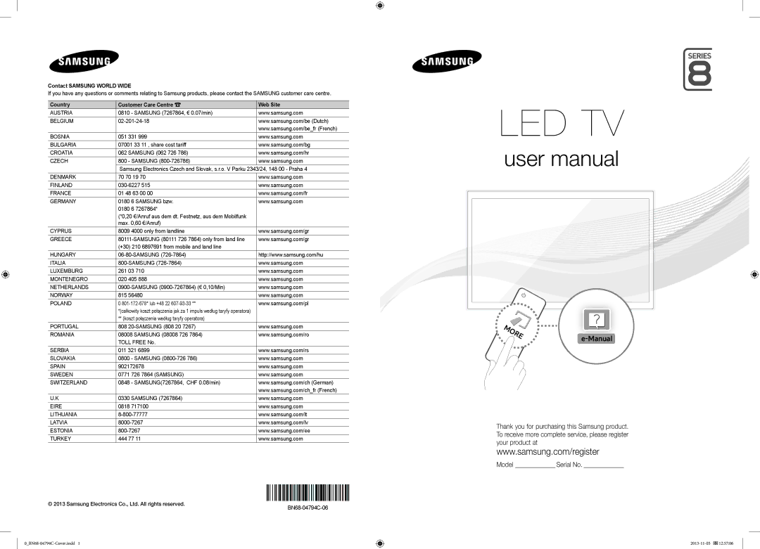 Samsung UE65F8000SLXZF, UE55F8000SLXZF manual 20 €/Anruf aus dem dt. Festnetz, aus dem Mobilfunk, BN68-04794C-06 