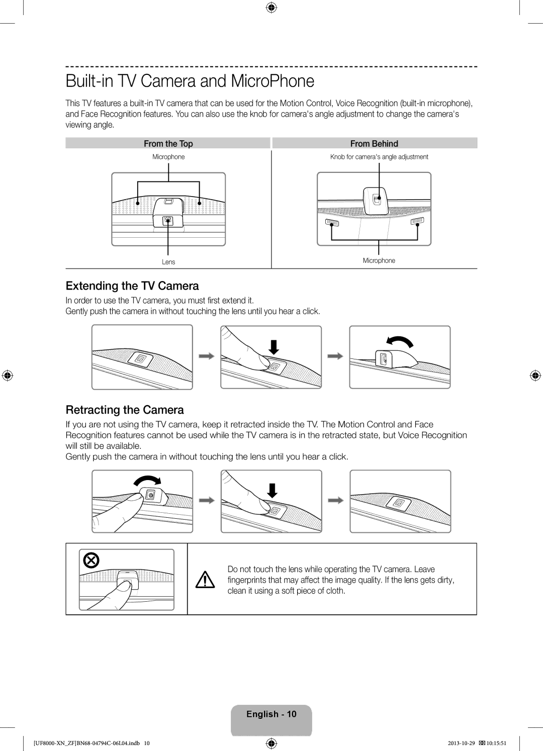 Samsung UE55F8000SLXZF, UE65F8000SLXZF Built-in TV Camera and MicroPhone, Extending the TV Camera, Retracting the Camera 