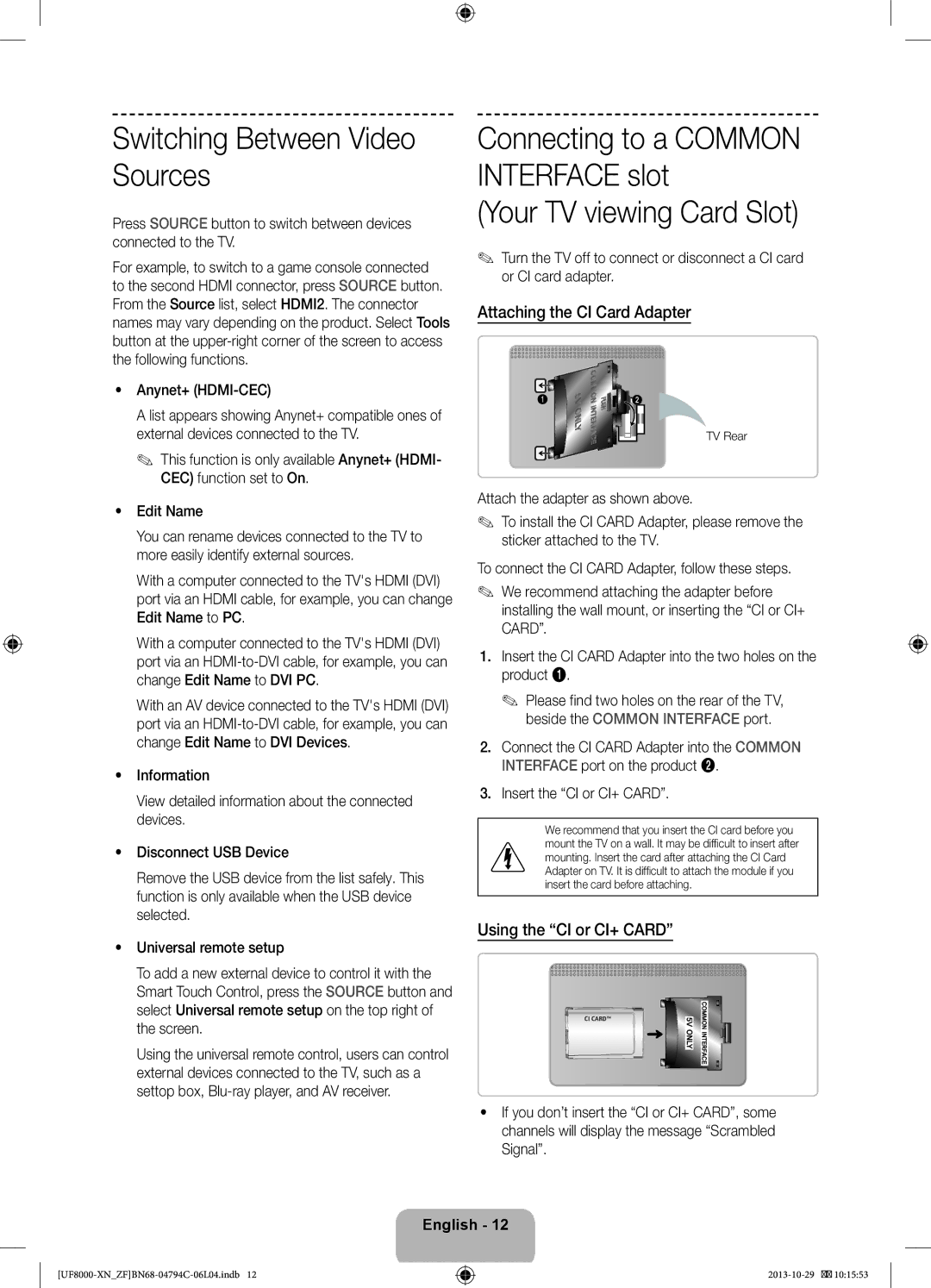 Samsung UE40F8000SLXZF manual Switching Between Video Sources, Your TV viewing Card Slot, Attaching the CI Card Adapter 