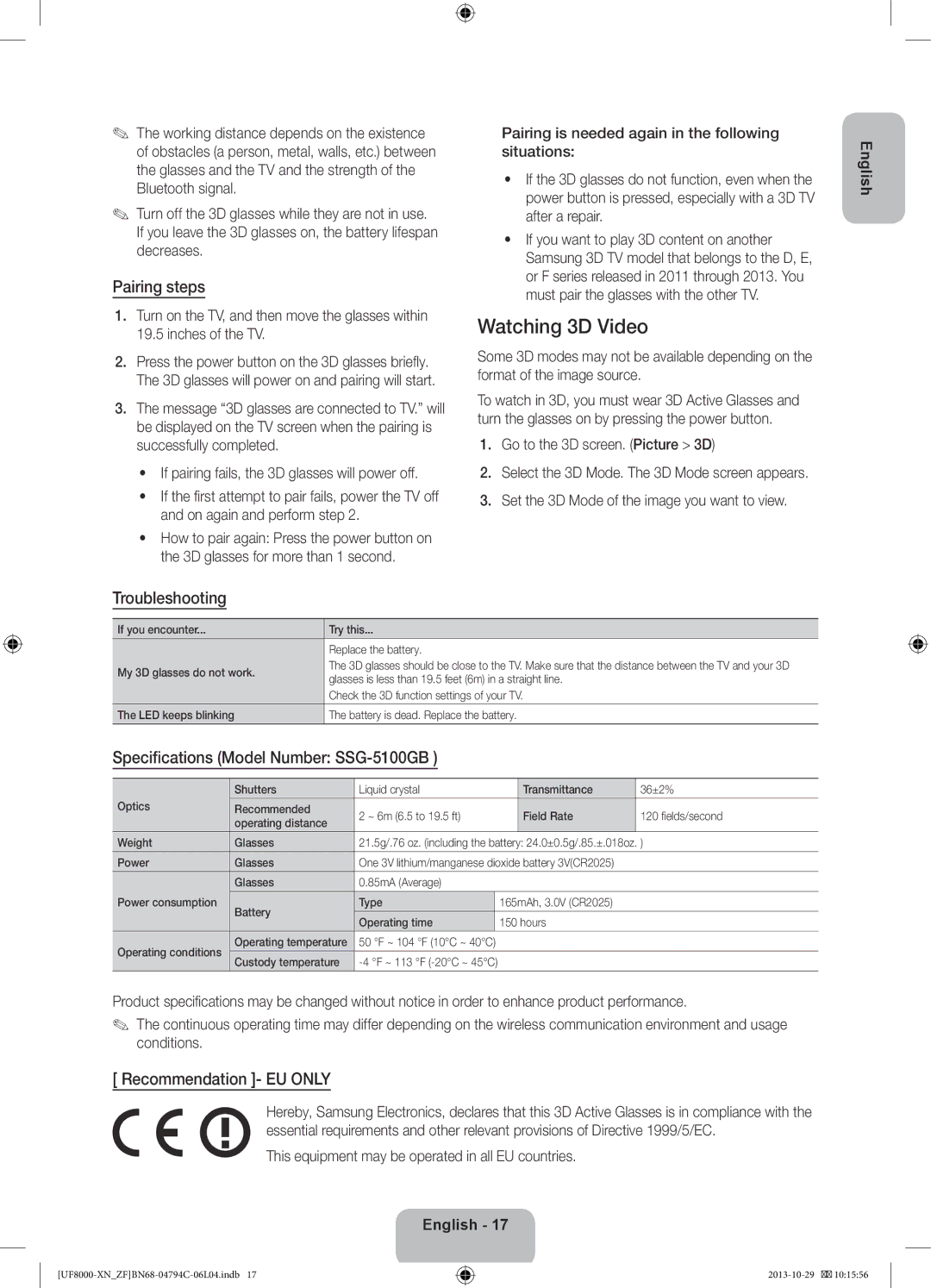 Samsung UE40F8000SLXZF manual Watching 3D Video, Pairing steps, Troubleshooting, Specifications Model Number SSG-5100GB 