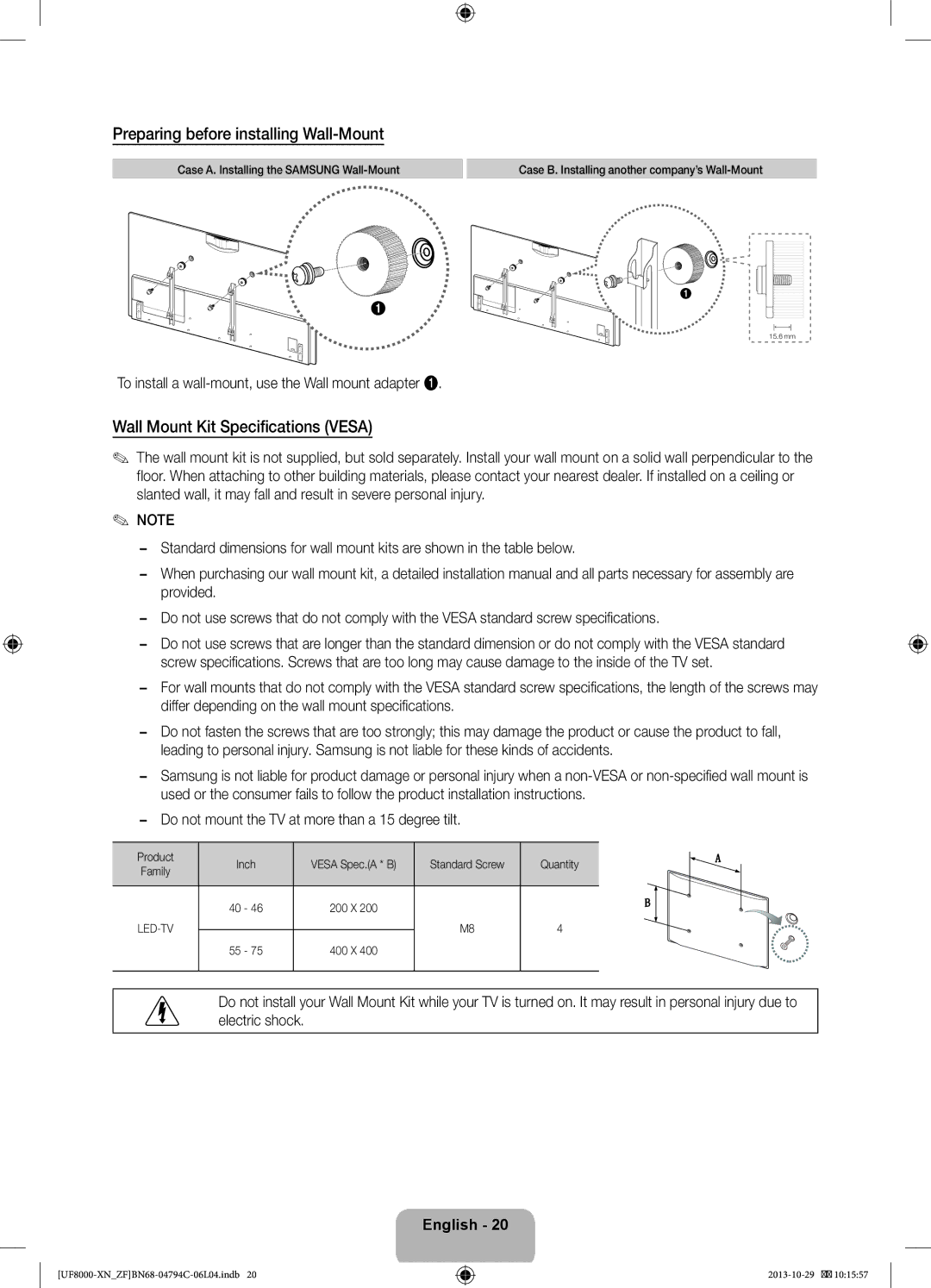 Samsung UE55F8000SLXZF, UE65F8000SLXZF manual Preparing before installing Wall-Mount, Wall Mount Kit Specifications Vesa 