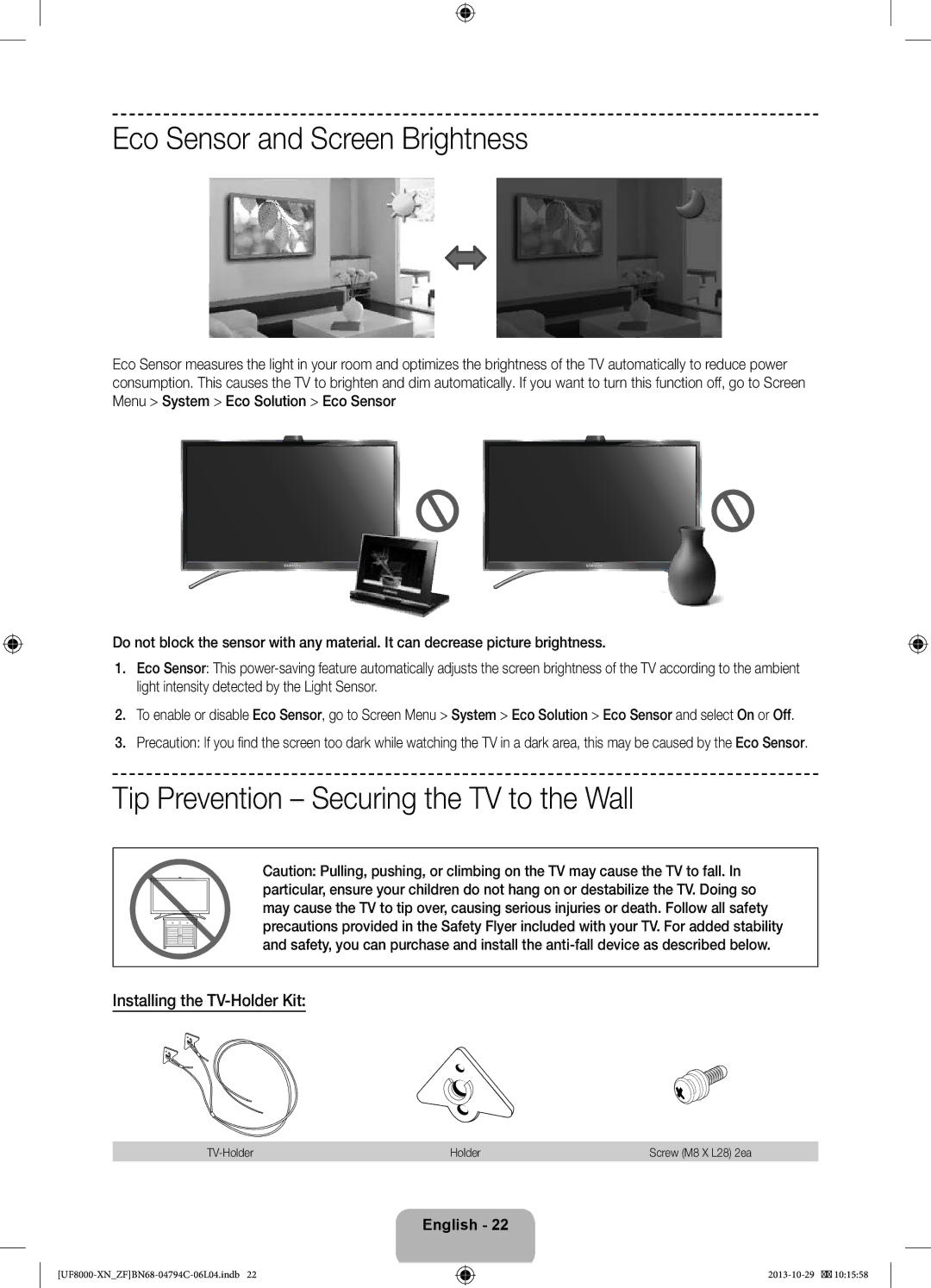 Samsung UE40F8000SLXZF manual Eco Sensor and Screen Brightness, Tip Prevention Securing the TV to the Wall, TV-Holder 