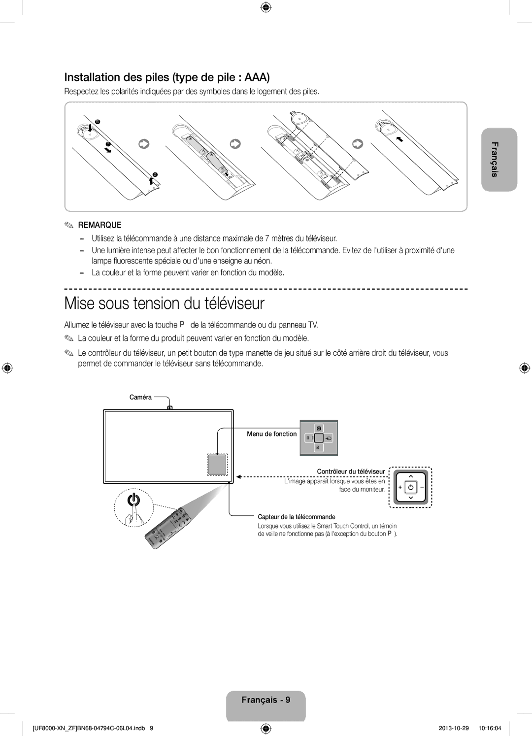 Samsung UE46F8000SLXZF, UE55F8000SLXZF Mise sous tension du téléviseur, Installation des piles type de pile AAA, Remarque 