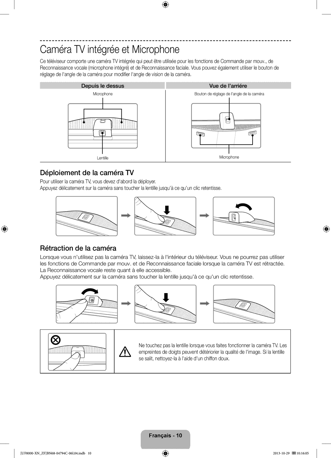 Samsung UE75F8000SLXZF manual Caméra TV intégrée et Microphone, Déploiement de la caméra TV, Rétraction de la caméra 