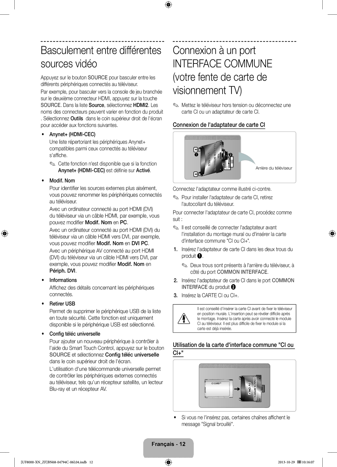 Samsung UE65F8000SLXZF, UE55F8000SLXZF Connexion à un port, Connexion de ladaptateur de carte CI, Config téléc universelle 