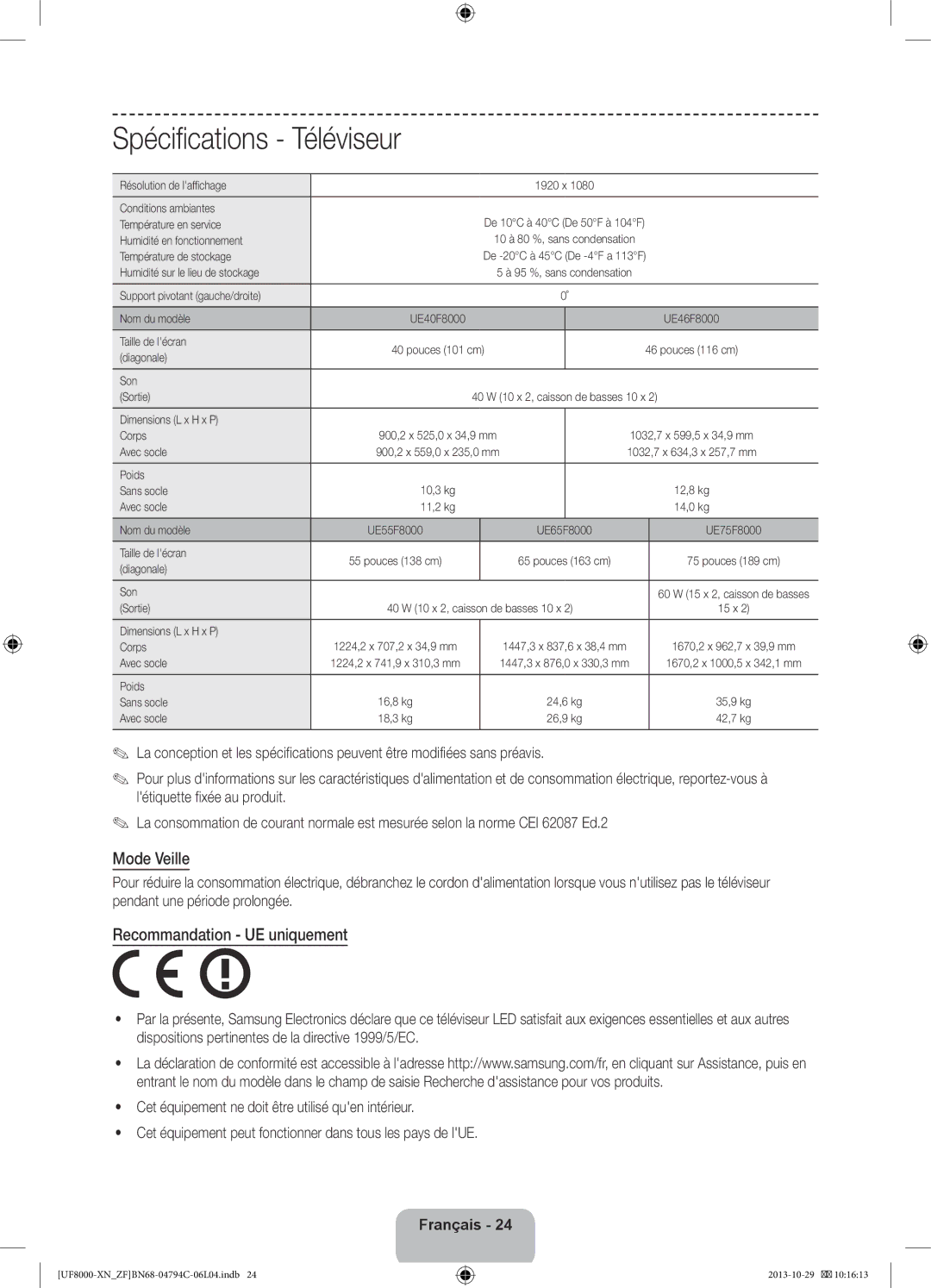 Samsung UE46F8000SLXZF, UE55F8000SLXZF, UE65F8000SLXZF, UE40F8000SLXZF, UE75F8000SLXZF manual Téléviseur, Mode Veille 