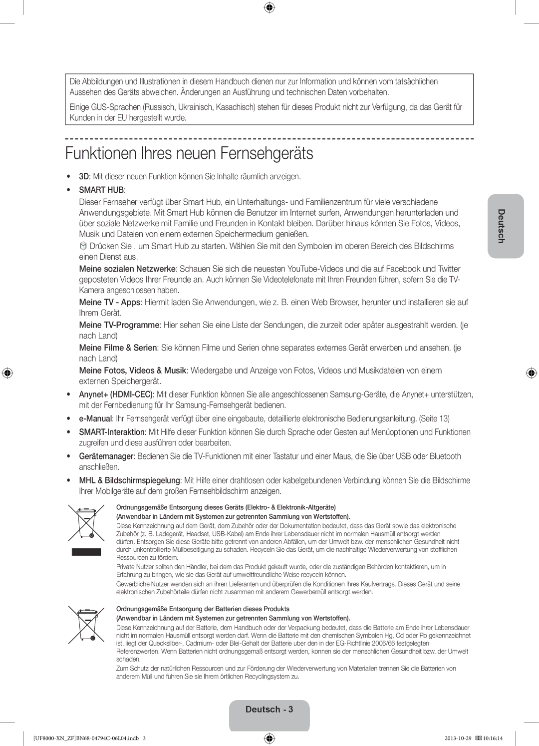 Samsung UE65F8000SLXZF, UE55F8000SLXZF, UE40F8000SLXZF, UE46F8000SLXZF manual Funktionen Ihres neuen Fernsehgeräts, Smart HUB 