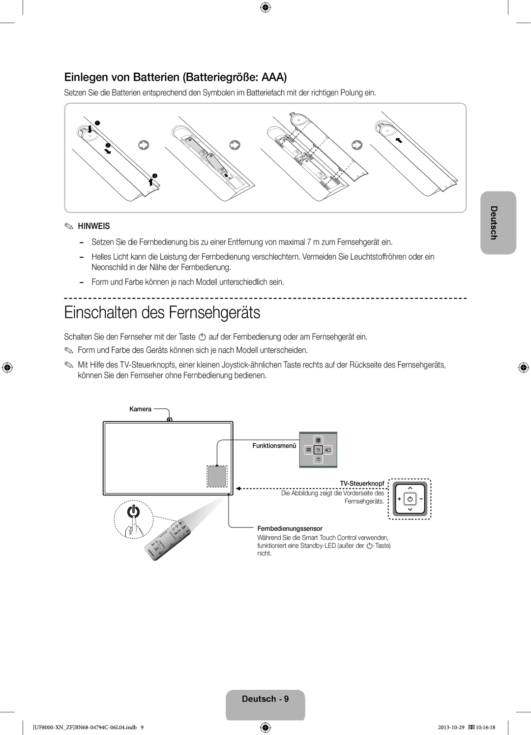 Samsung UE40F8000SLXZF, UE55F8000SLXZF Einschalten des Fernsehgeräts, Einlegen von Batterien Batteriegröße AAA, Hinweis 