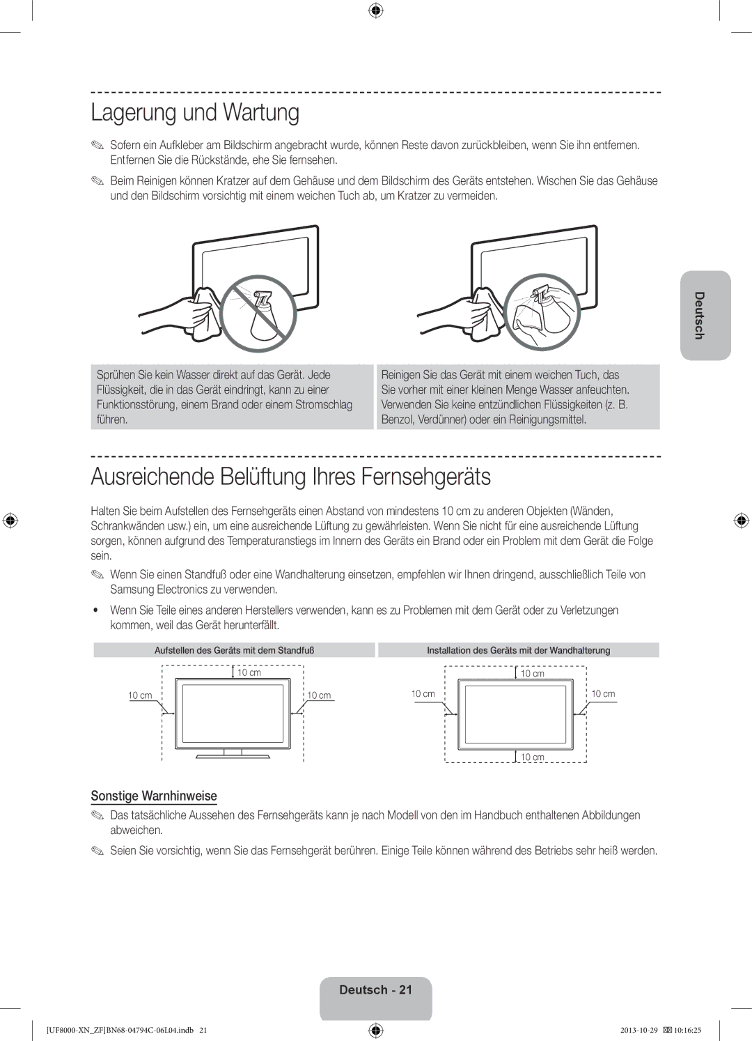 Samsung UE75F8000SLXZF manual Lagerung und Wartung, Ausreichende Belüftung Ihres Fernsehgeräts, Sonstige Warnhinweise 