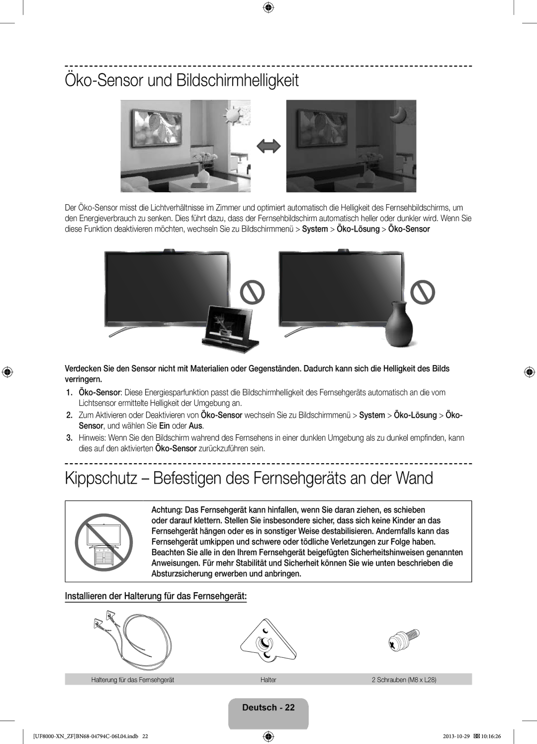 Samsung UE55F8000SLXZF manual Öko-Sensor und Bildschirmhelligkeit, Kippschutz Befestigen des Fernsehgeräts an der Wand 