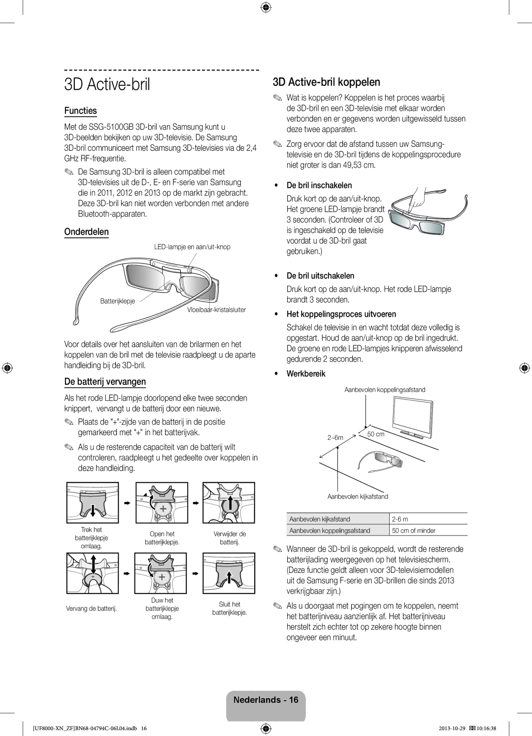 Samsung UE46F8000SLXZF, UE55F8000SLXZF manual 3D Active-bril koppelen, Functies, Onderdelen, De batterij vervangen 