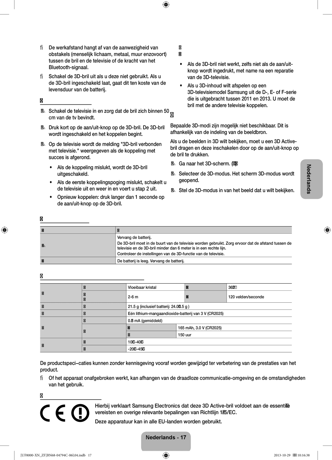 Samsung UE75F8000SLXZF 3D-video bekijken, Koppelingsprocedure, Problemen oplossen, Specificaties modelnummer SSG-5100GB 