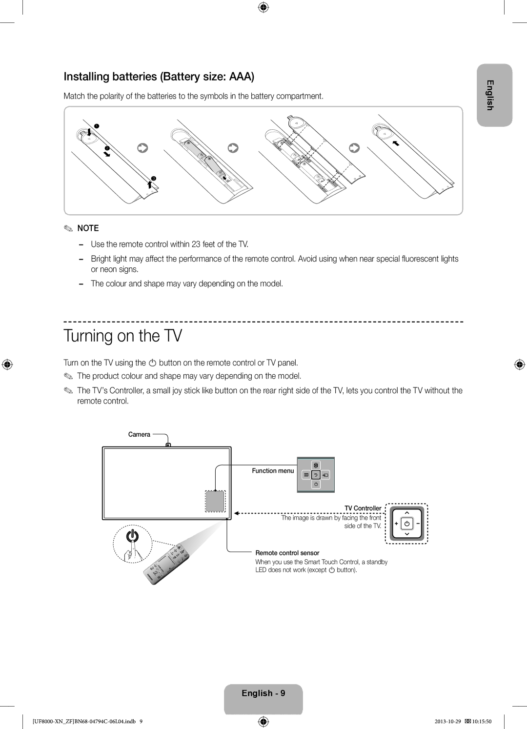 Samsung UE75F8000SLXZF manual Turning on the TV, Installing batteries Battery size AAA, Camera Function menu TV Controller 