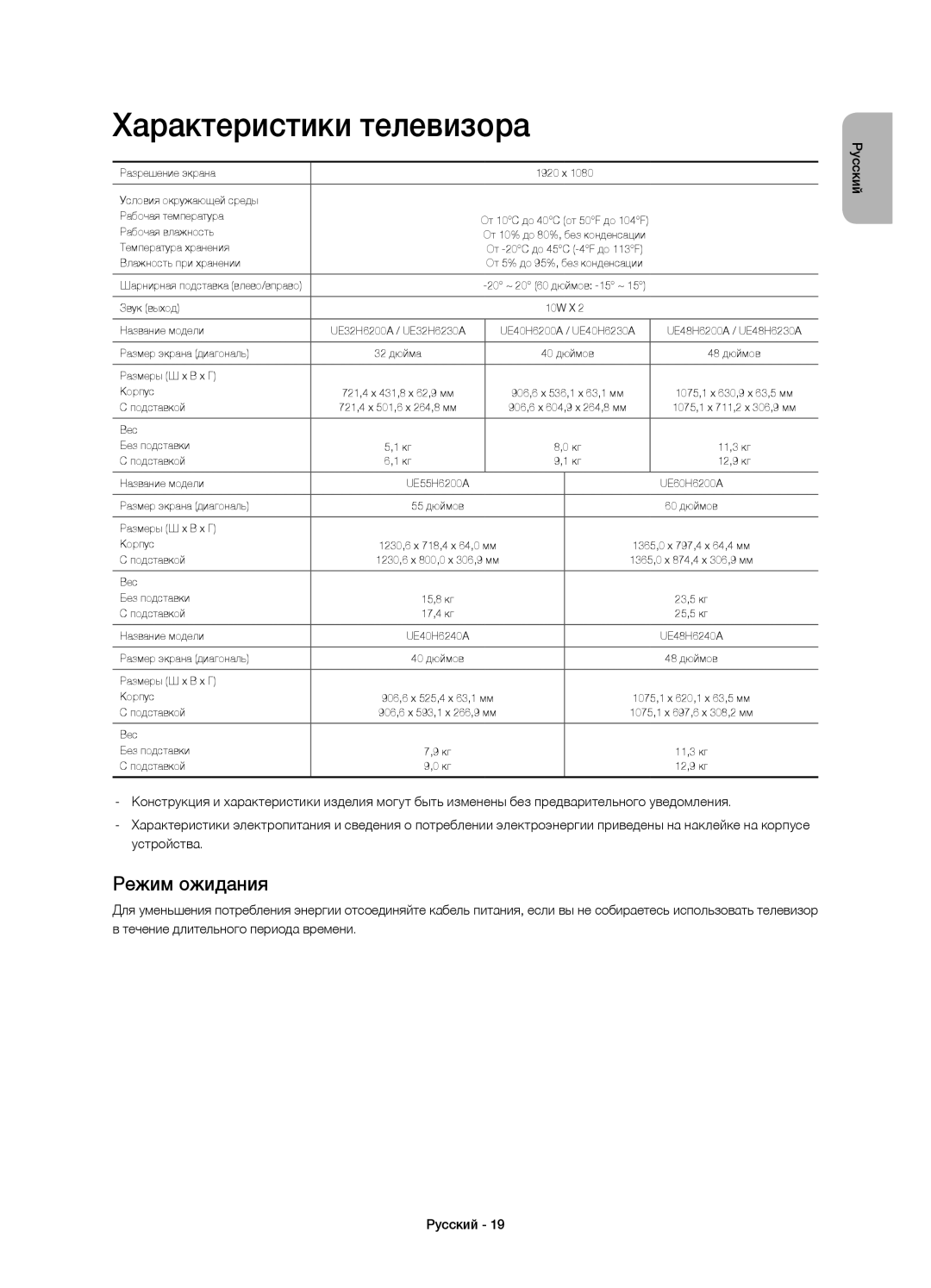 Samsung UE60H6200AKXRU, UE55H6200AKXMS, UE40H6200AKXMS, UE55H6200AKXRU manual Характеристики телевизора, Режим ожидания 