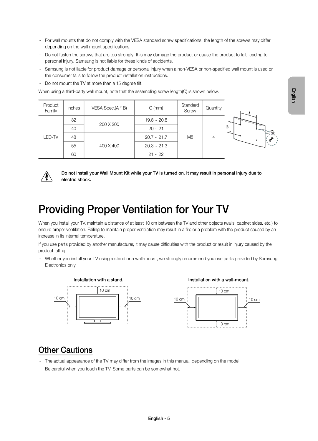 Samsung UE60H6200AKXMS, UE55H6200AKXMS, UE60H6200AKXRU Providing Proper Ventilation for Your TV, Other Cautions, 19.8, 20.7 