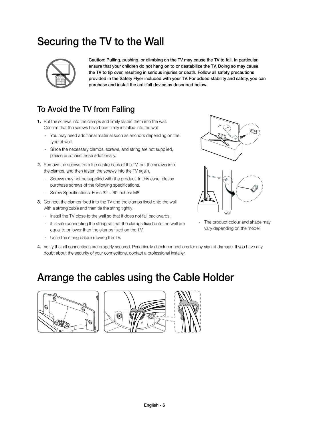 Samsung UE40H6200AKXRU, UE55H6200AKXMS manual Securing the TV to the Wall, Arrange the cables using the Cable Holder 