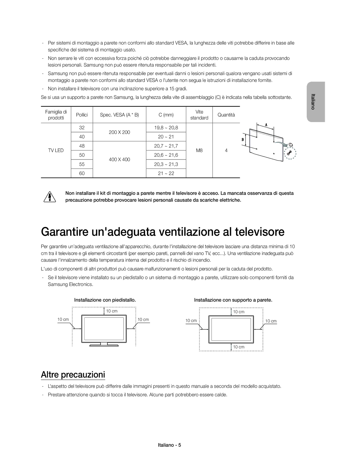 Samsung UE48H6200AYXZT manual Garantire unadeguata ventilazione al televisore, Altre precauzioni, 19,8 ~ 20,8, 20,7 ~ 21,7 