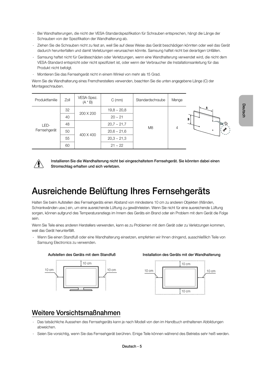 Samsung UE60H6200AYXZT, UE55H6200AYXZT Ausreichende Belüftung Ihres Fernsehgeräts, Weitere Vorsichtsmaßnahmen, 20,6 ~ 21,6 