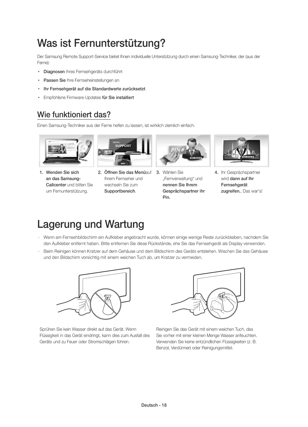 Samsung UE40H6200AYXZT, UE55H6200AYXZT manual Was ist Fernunterstützung?, Lagerung und Wartung, Wie funktioniert das?, Pin 