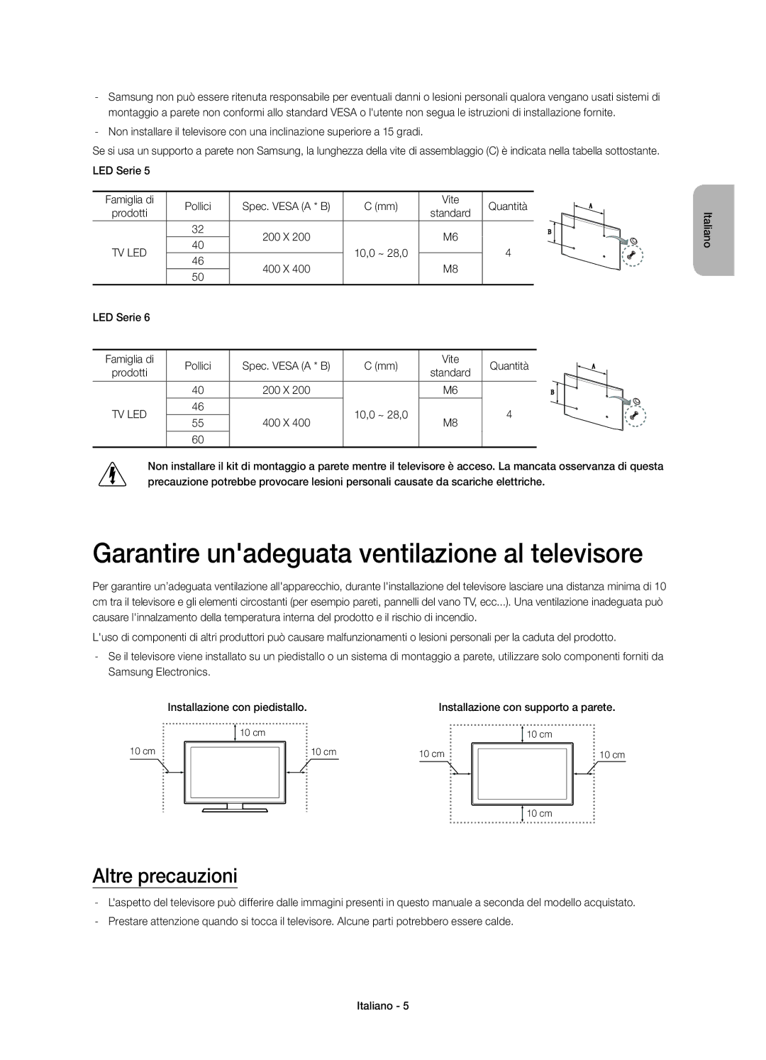 Samsung UE46H6203AKXXU, UE55H6203AKXZT manual Garantire unadeguata ventilazione al televisore, Altre precauzioni, LED Serie 