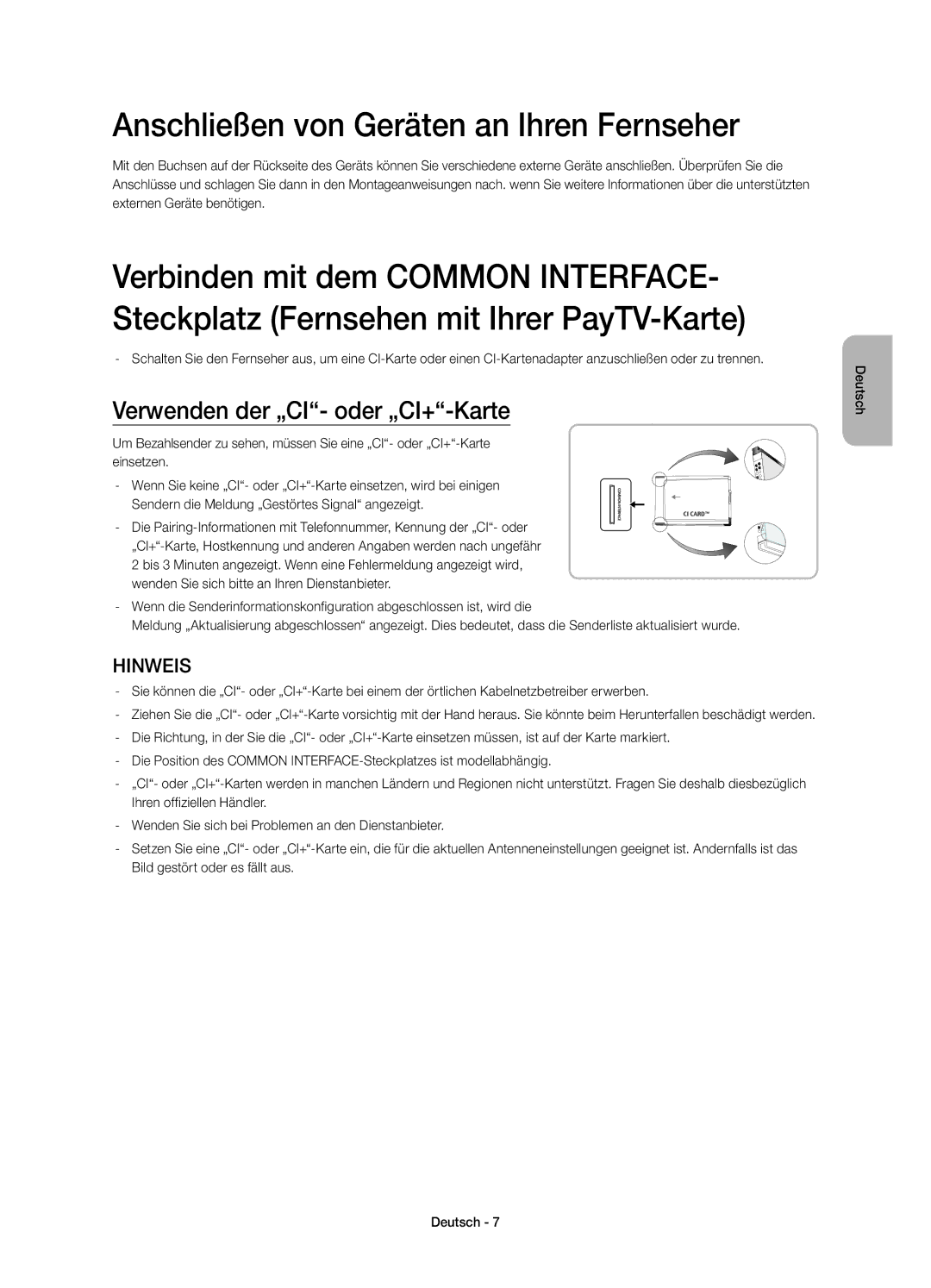 Samsung UE40H6203AKXXU, UE55H6203AKXZT manual Anschließen von Geräten an Ihren Fernseher, Verwenden der „CI- oder „CI+-Karte 