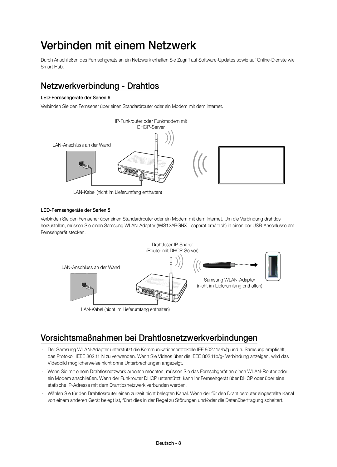 Samsung UE32H5303AKXXU, UE55H6203AKXZT, UE46H6203AKXZT manual Verbinden mit einem Netzwerk, Netzwerkverbindung Drahtlos 