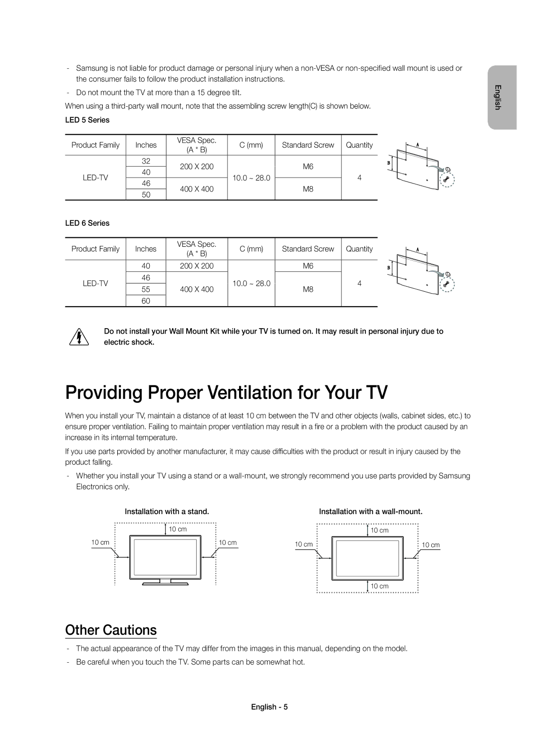 Samsung UE60H6203AKXZT, UE55H6203AKXZT manual Providing Proper Ventilation for Your TV, Other Cautions, 10.0 ~, LED 6 Series 