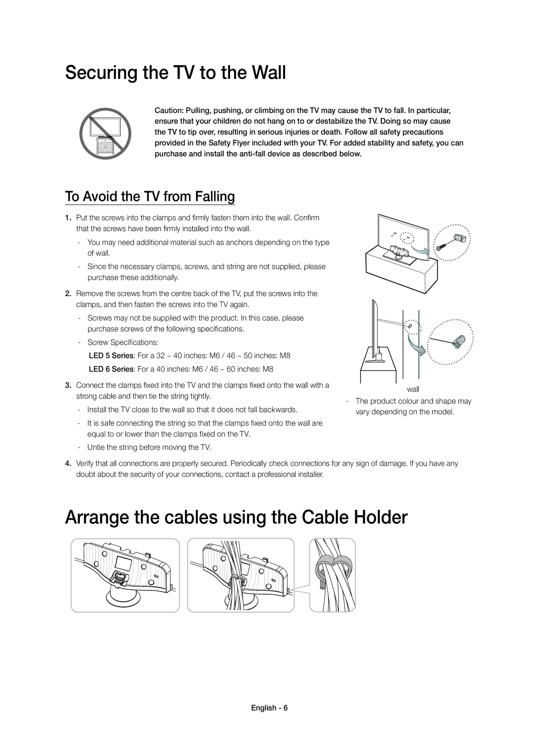 Samsung UE32H5303AKXZT, UE55H6203AKXZT manual Securing the TV to the Wall, Arrange the cables using the Cable Holder 