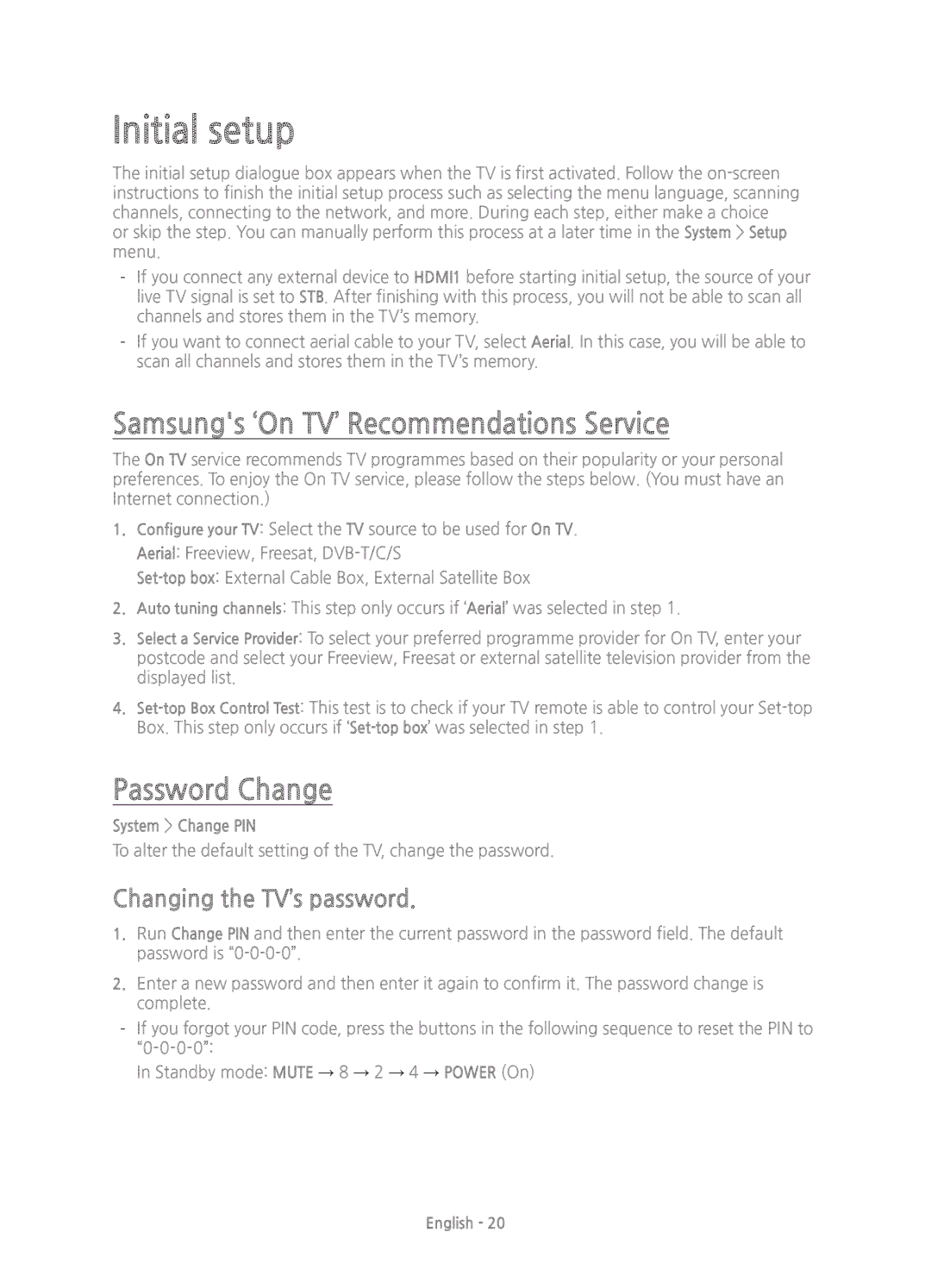 Samsung UE32H5303AKXXU, UE55H6203AKXZT manual Initial setup, Samsungs ‘On TV’ Recommendations Service, Password Change 