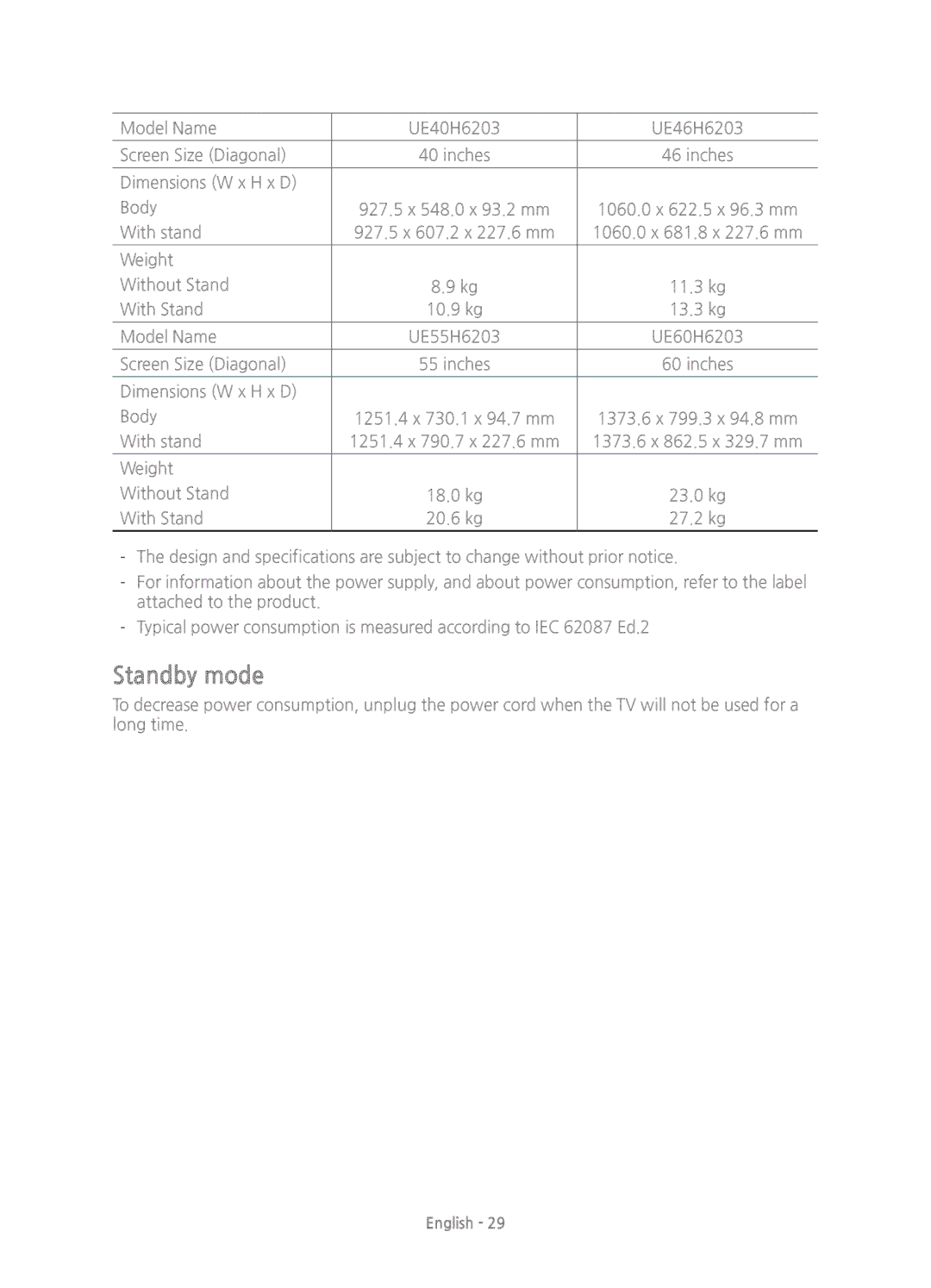 Samsung UE32H5303AKXZT, UE55H6203AKXZT, UE46H6203AKXZT, UE46H5303AKXZT, UE40H5303AKXZT, UE40H6203AKXZT manual Standby mode 