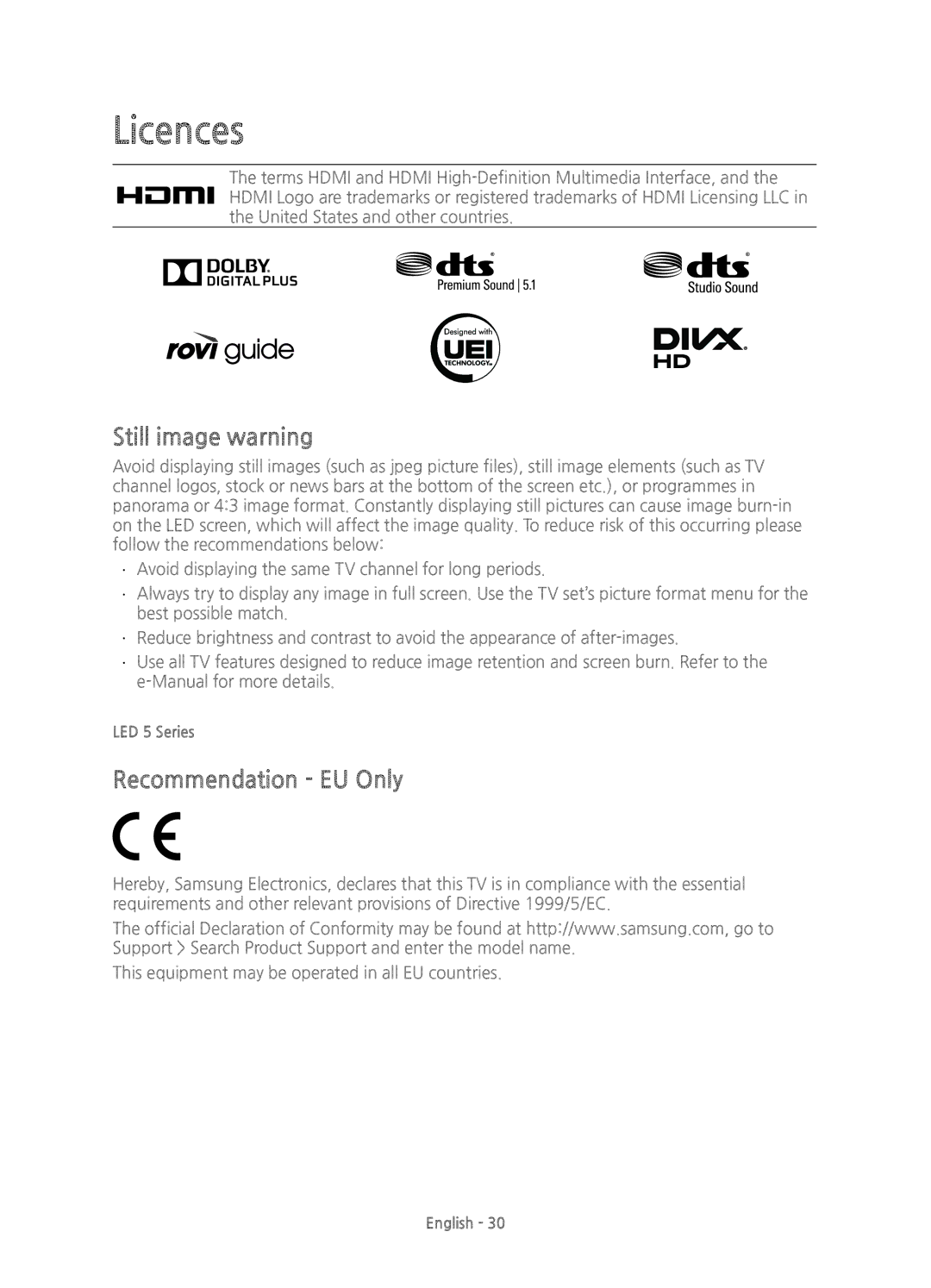 Samsung UE40H5303AKXXU, UE55H6203AKXZT, UE46H6203AKXZT, UE46H5303AKXZT Licences, Still image warning, Recommendation EU Only 