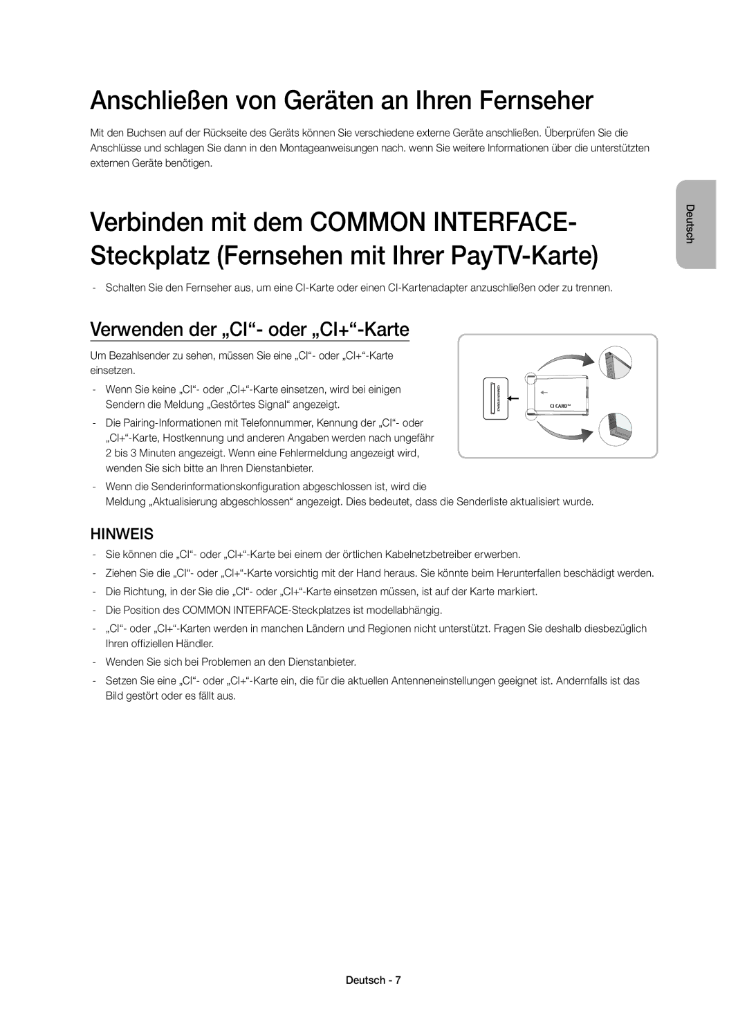 Samsung UE40H5303AWXXN, UE55H6273SSXZG manual Anschließen von Geräten an Ihren Fernseher, Verwenden der „CI- oder „CI+-Karte 