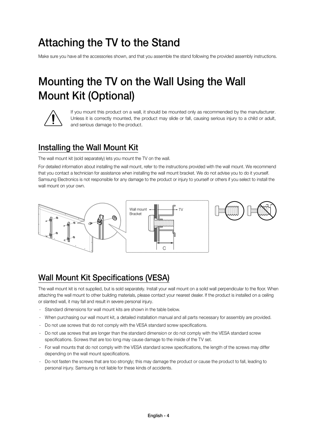 Samsung UE40H5373SSXZG Attaching the TV to the Stand, Installing the Wall Mount Kit, Wall Mount Kit Specifications Vesa 