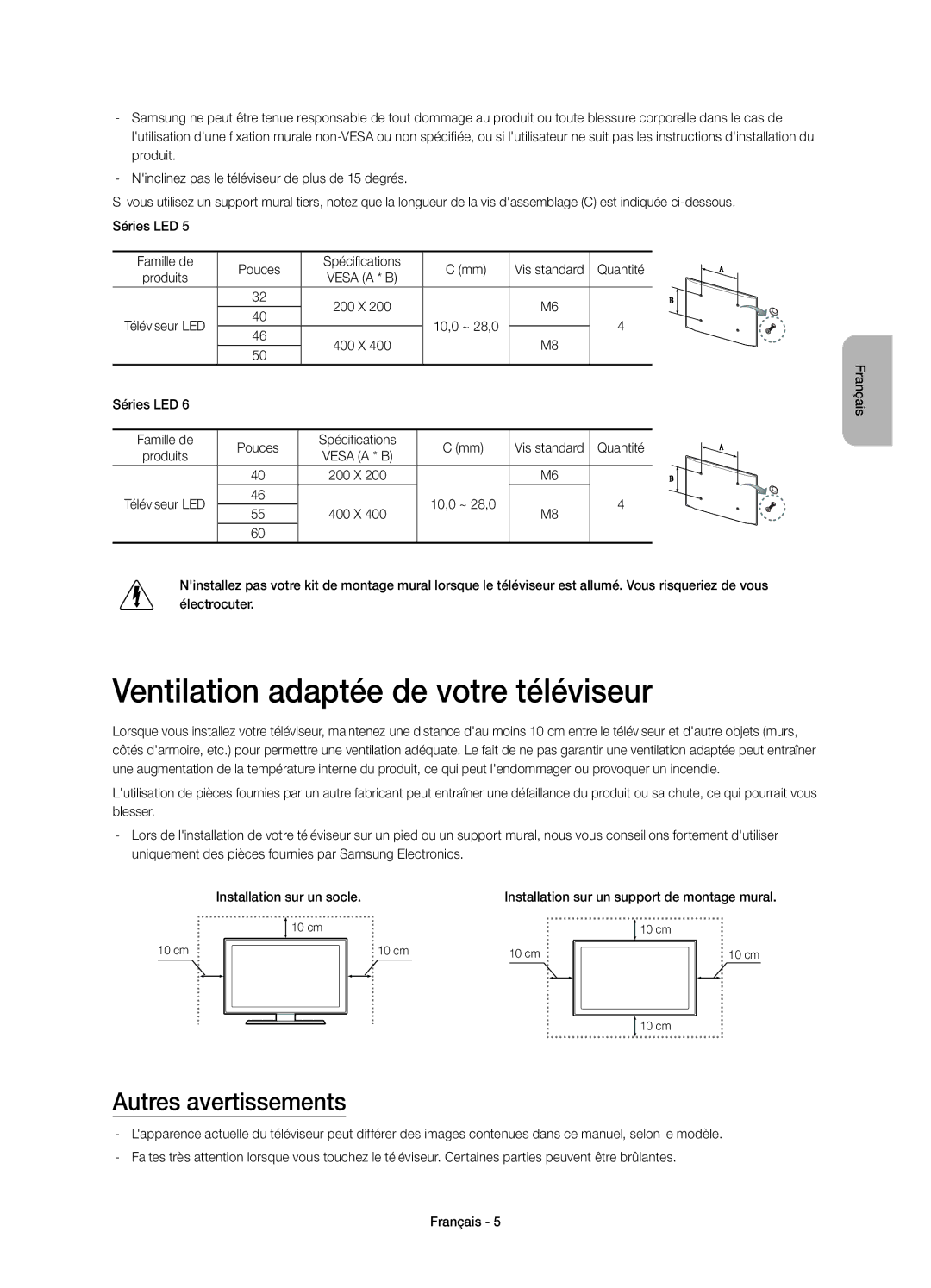 Samsung UE60H6273SSXZG, UE55H6273SSXZG manual Ventilation adaptée de votre téléviseur, Autres avertissements, Quantité 